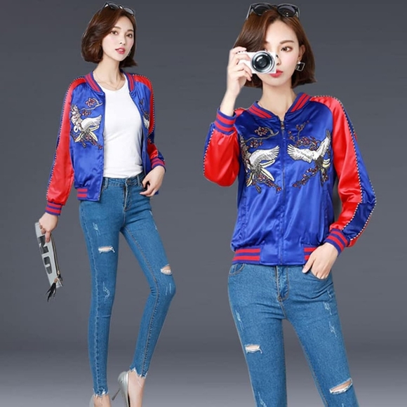 🎀NEW Unisex Satin Baseball Crane Embroidered  Streetwear Outerwear Jacket - Picture 2 of 14